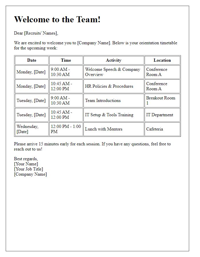 Letter template of orientation timetable for fresh recruits