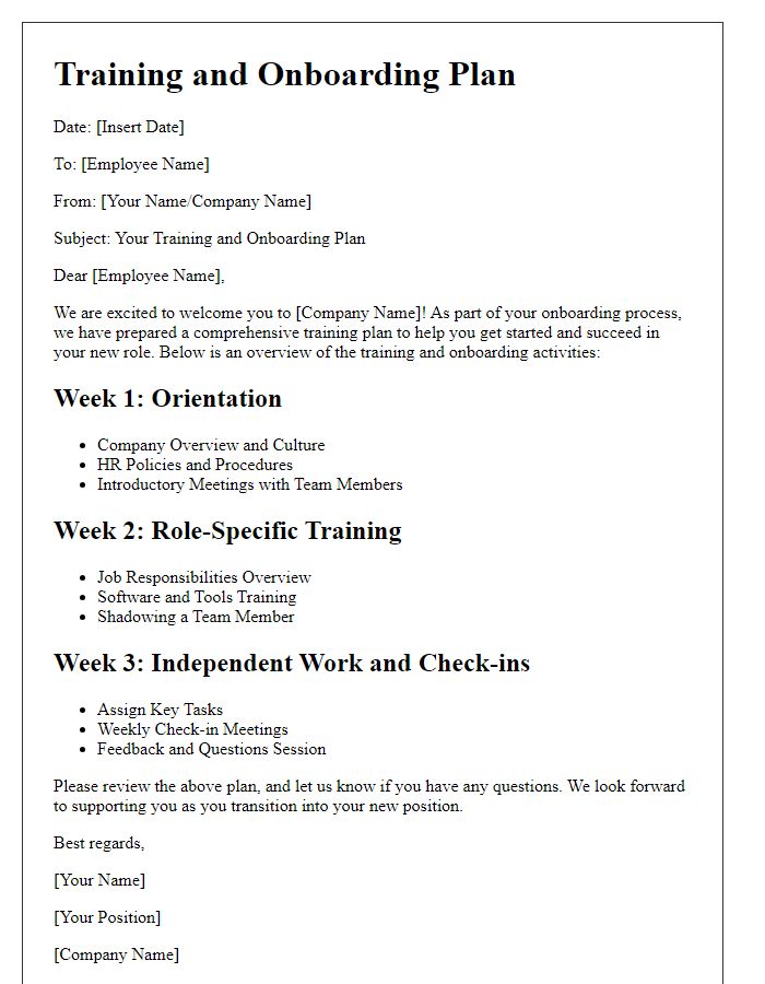 Letter template of training and onboarding plan