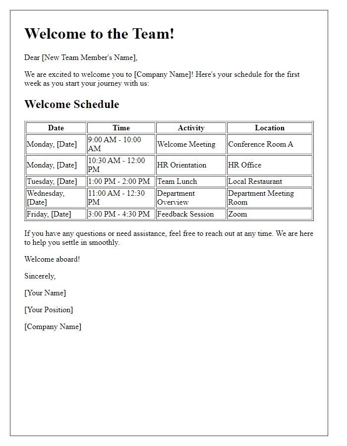 Letter template of welcome schedule for new team members