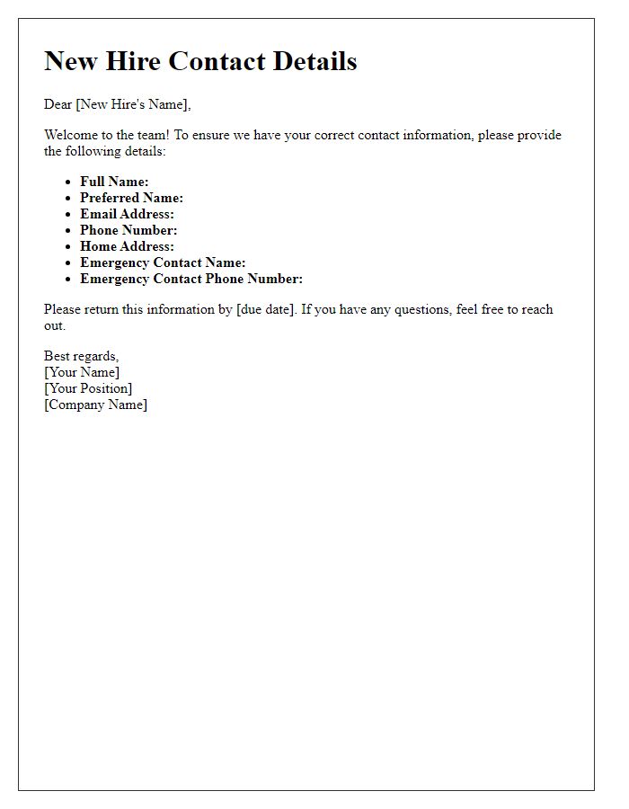 Letter template of compiling contact details for new hires.