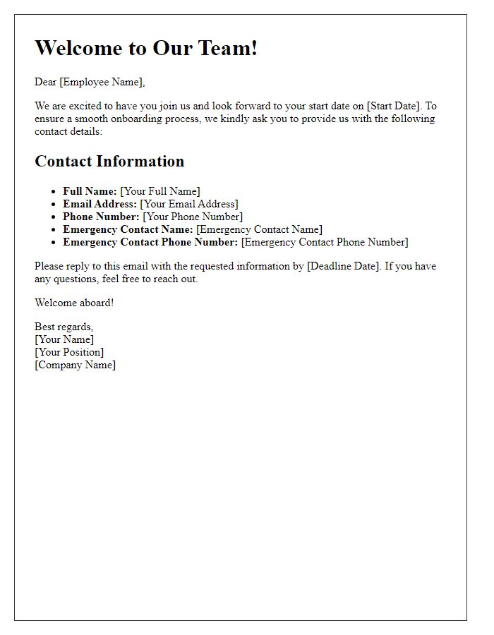 Letter template of gathering contact details for onboarding.