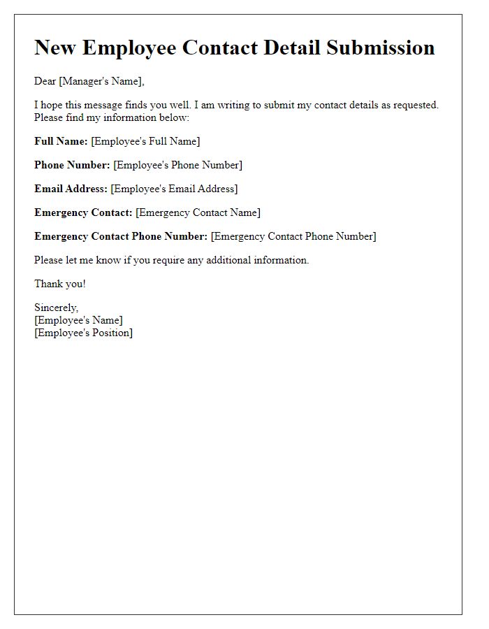 Letter template of new employee contact detail submission.