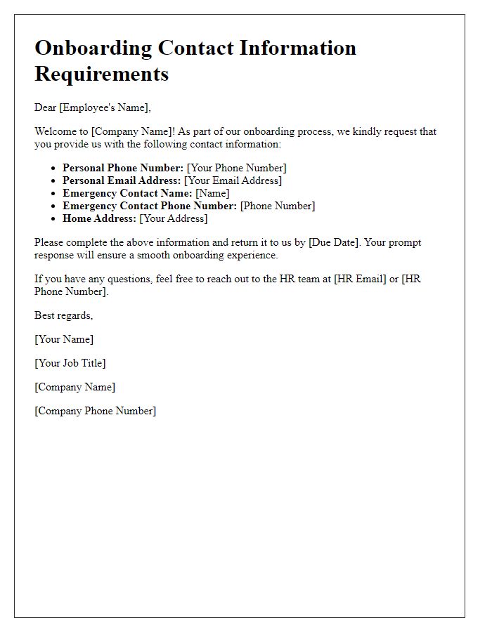 Letter template of onboarding contact information requirements.