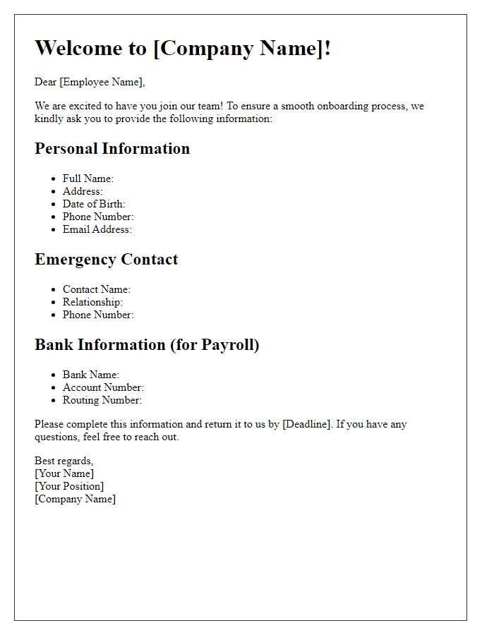 Letter template of onboarding information collection.