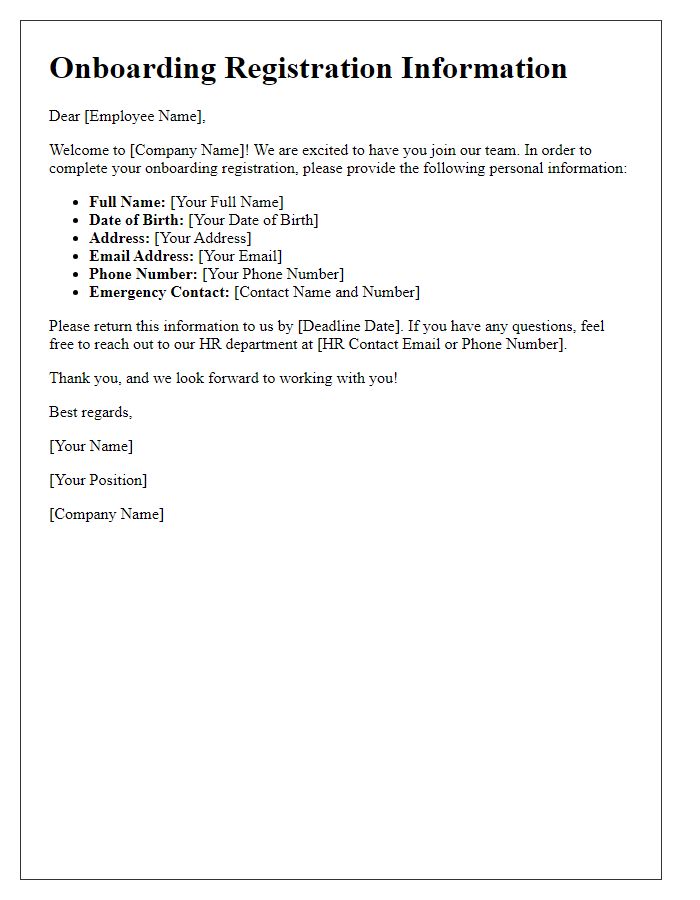 Letter template of personal information for onboarding registration.