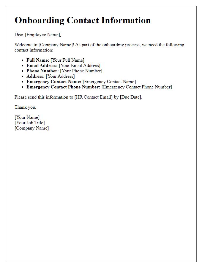 Letter template of required contact information for onboarding process.