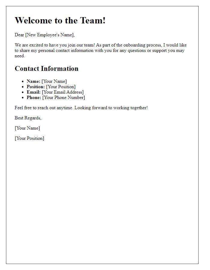 Letter template of sharing personal contact information for onboarding.