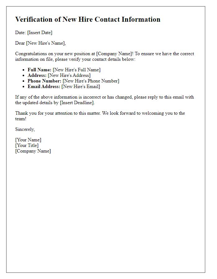 Letter template of verifying new hire contact information.