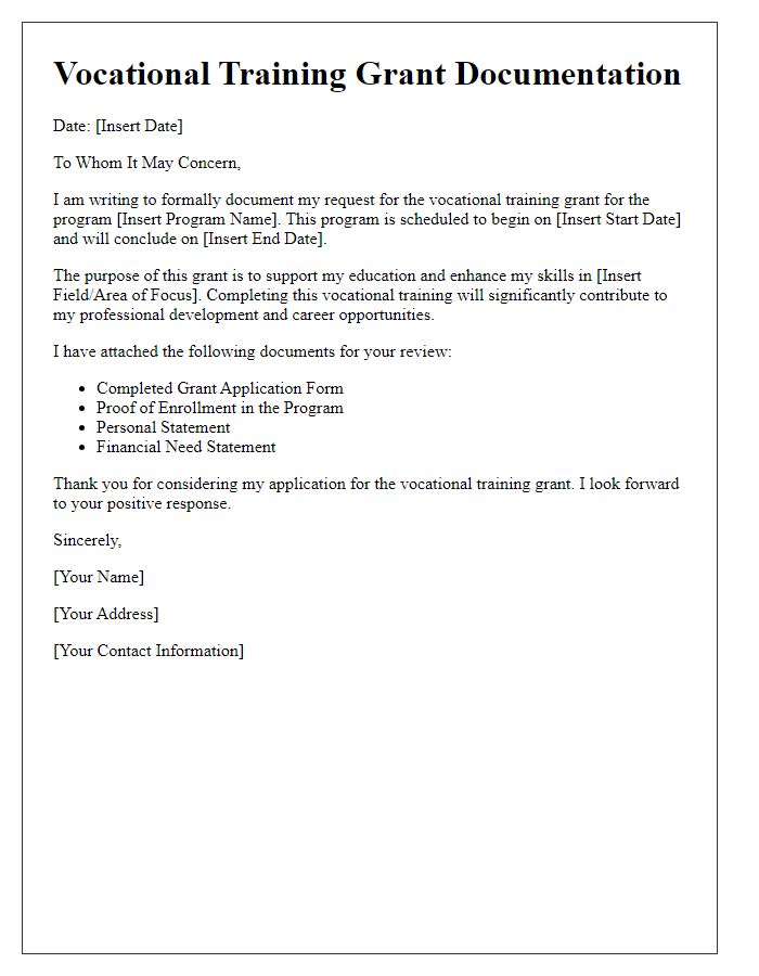 Letter template of documentation for vocational training grant