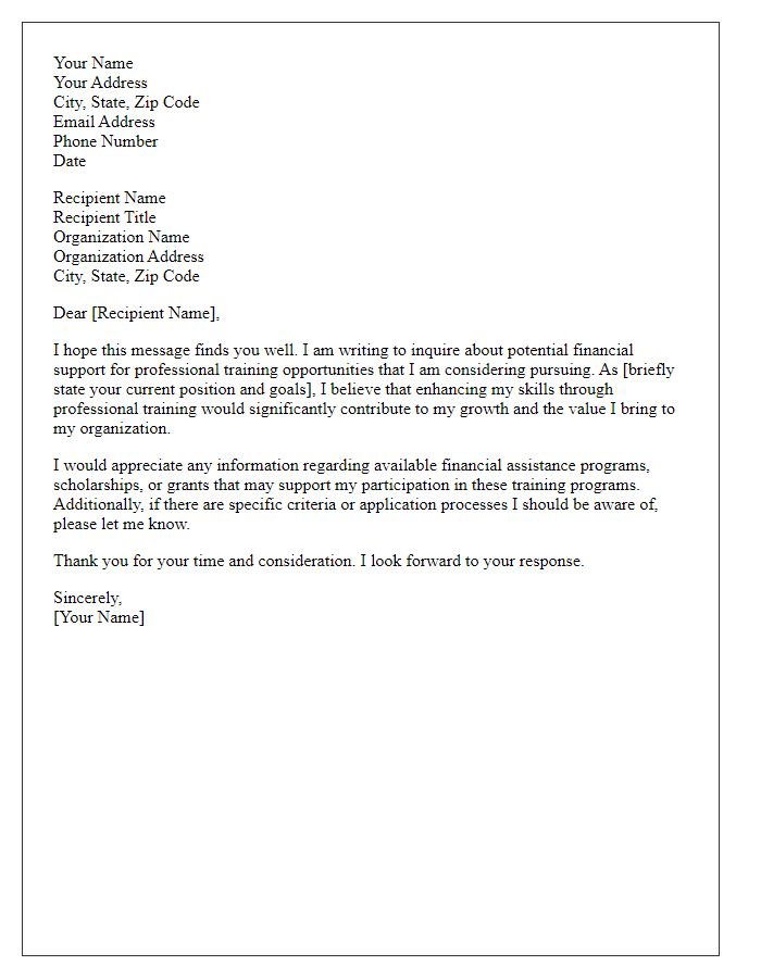 Letter template of inquiry about professional training financial support