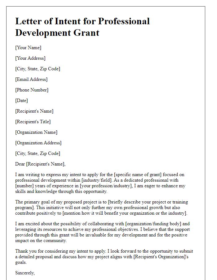 Letter template of intent for industry-related professional development grant