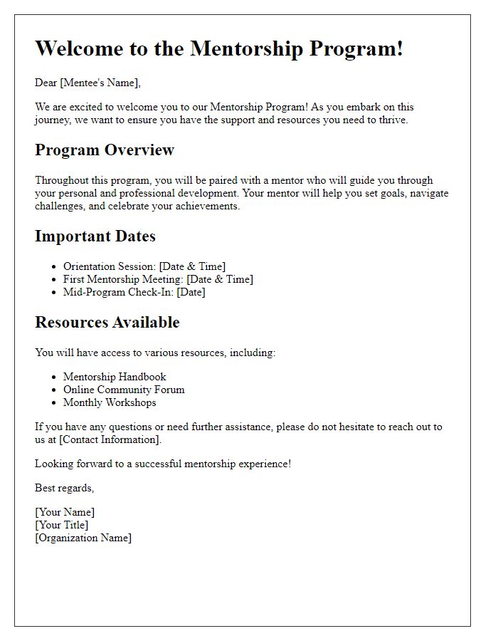 Letter template of mentorship program for onboarding