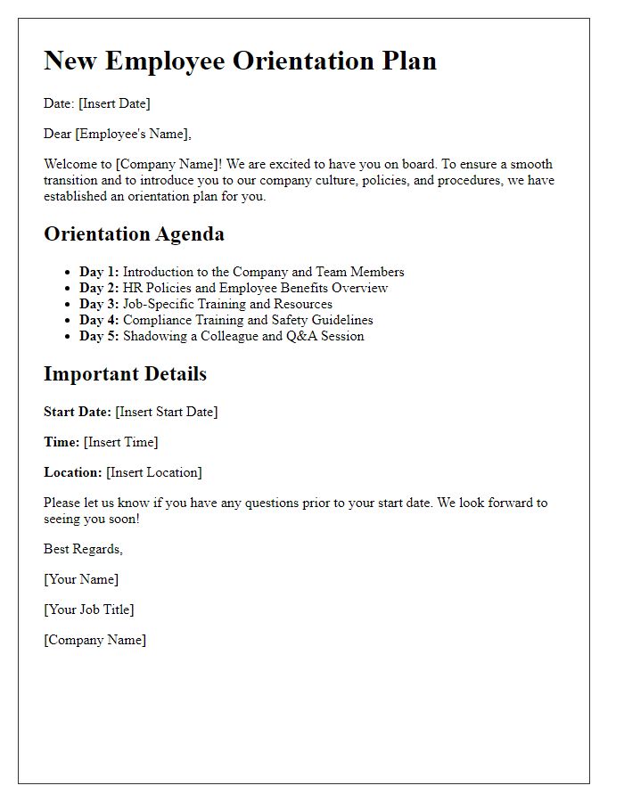 Letter template of new employee orientation plan