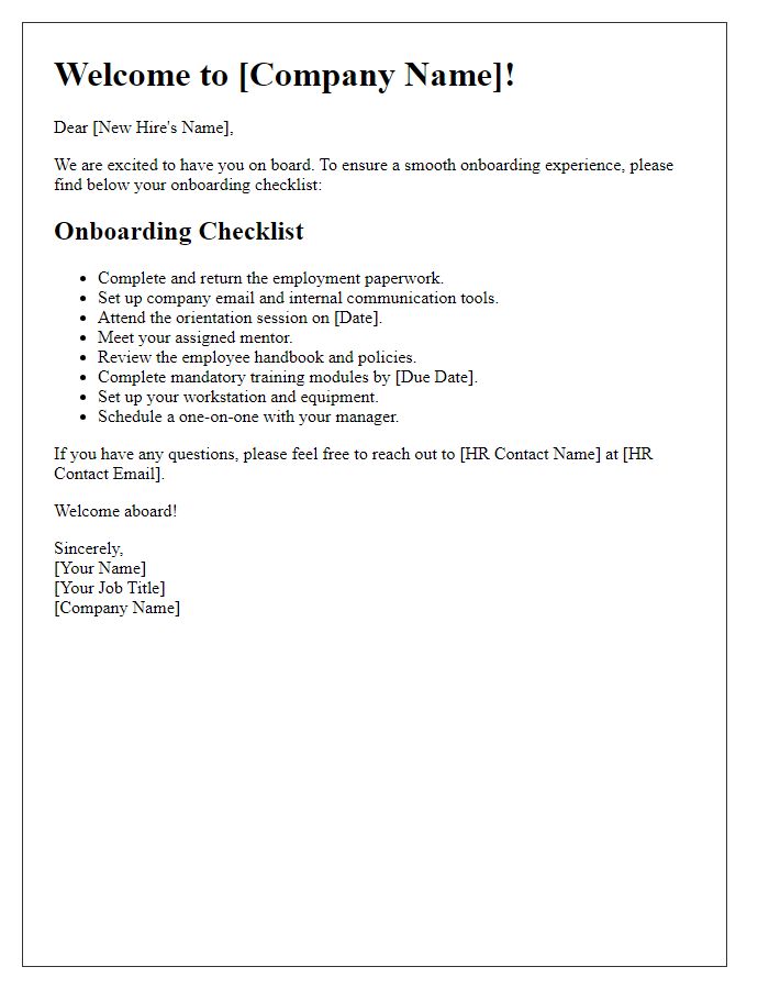 Letter template of onboarding checklist for new hires