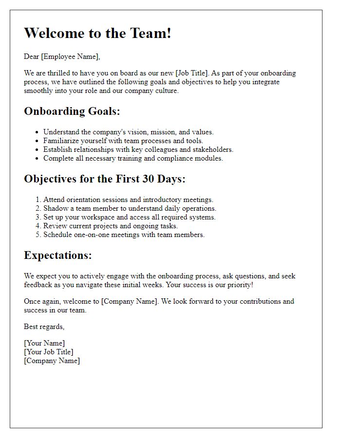 Letter template of onboarding goals and objectives