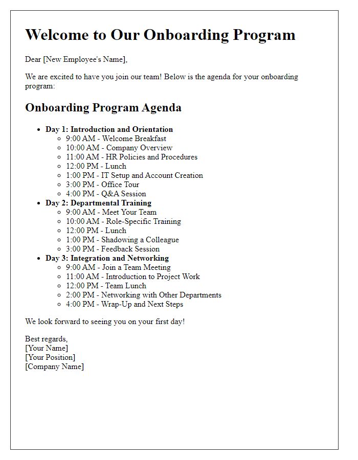 Letter template of onboarding program agenda