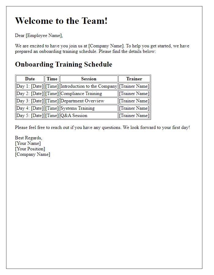 Letter template of onboarding training schedule