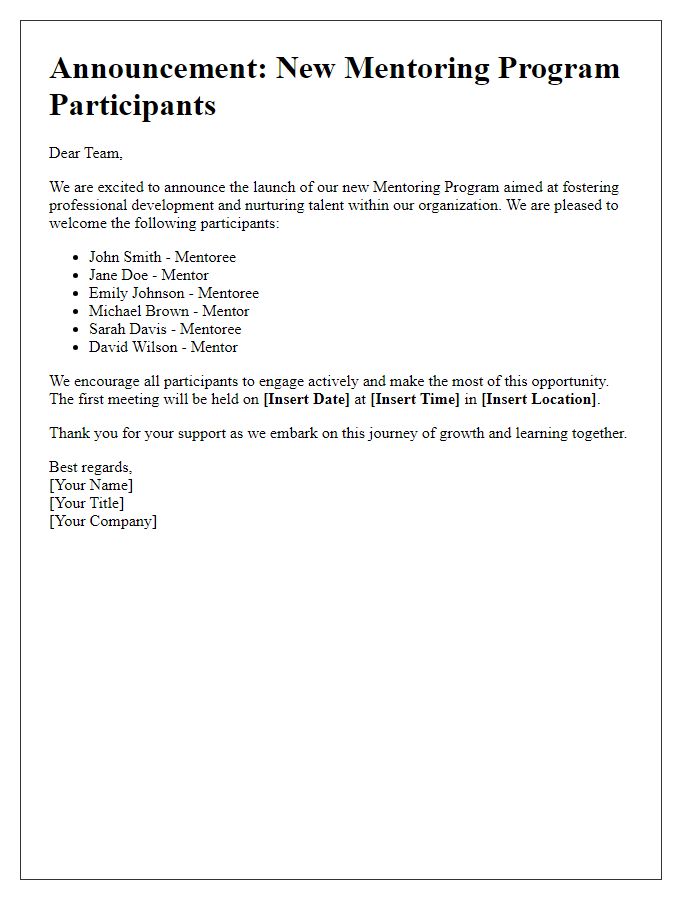 Letter template of announcement for new mentoring program participants