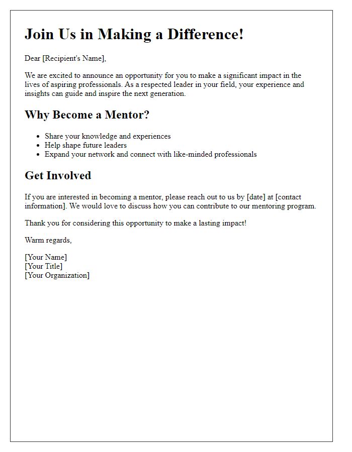 Letter template of call to action for mentoring opportunities