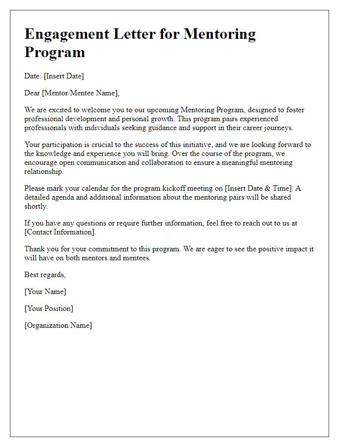 Letter template of engagement for the upcoming mentoring program