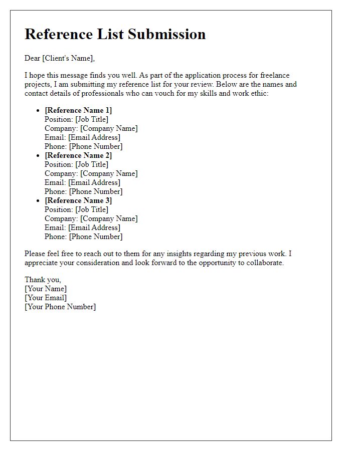 Letter template of reference list submission for freelance projects