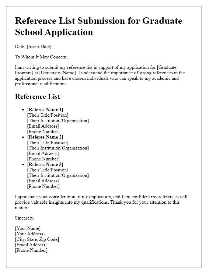 Letter template of reference list submission for graduate school applications