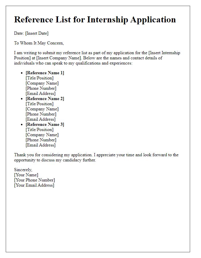 Letter template of reference list submission for internship applications