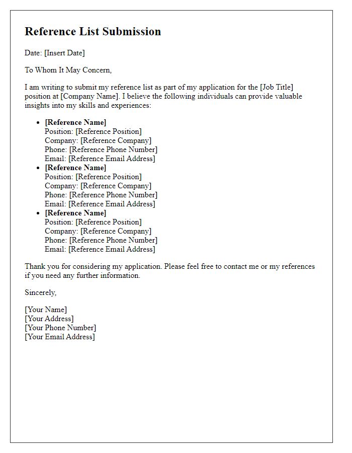 Letter template of reference list submission for job applications