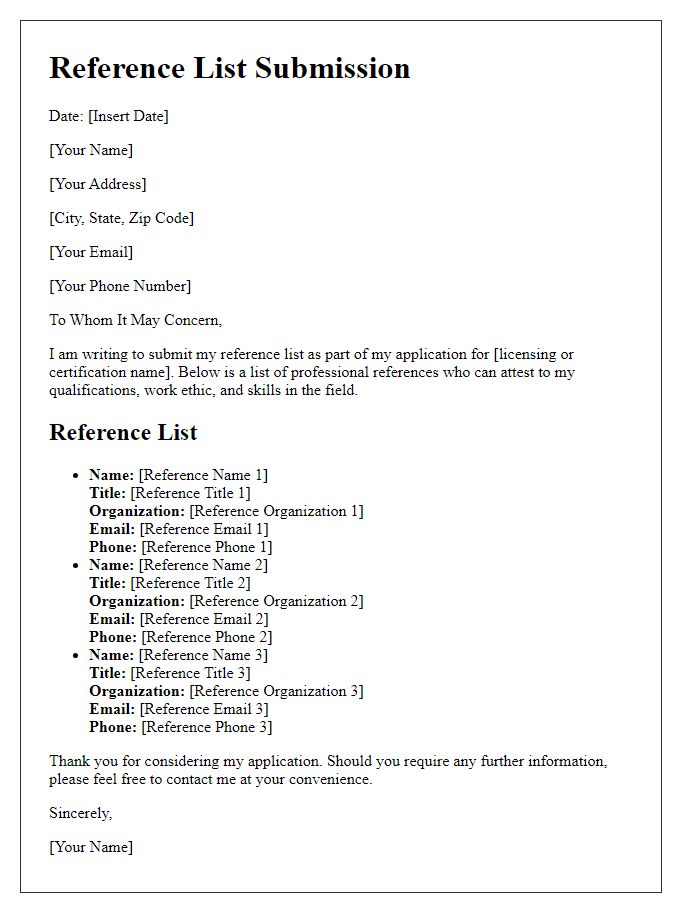 Letter template of reference list submission for licensing or certification applications