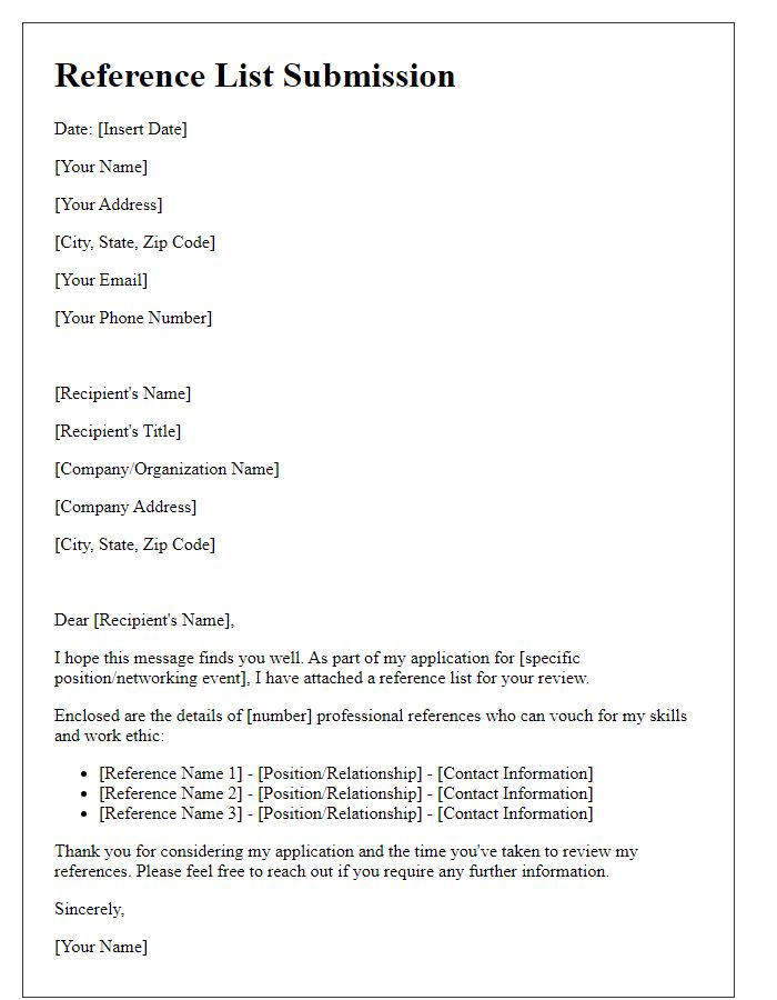 Letter template of reference list submission for professional networking