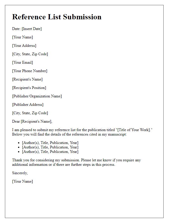 Letter template of reference list submission for publishing opportunities