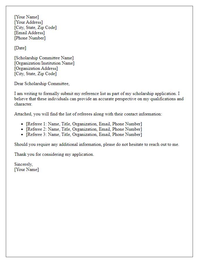 Letter template of reference list submission for scholarship applications