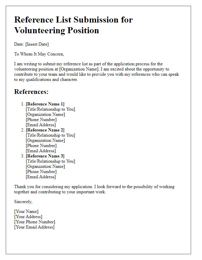 Letter template of reference list submission for volunteering positions