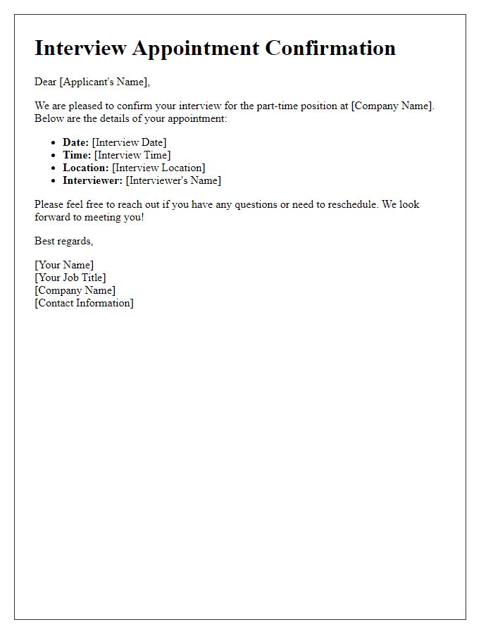 Letter template of confirmation for part-time interview appointment.