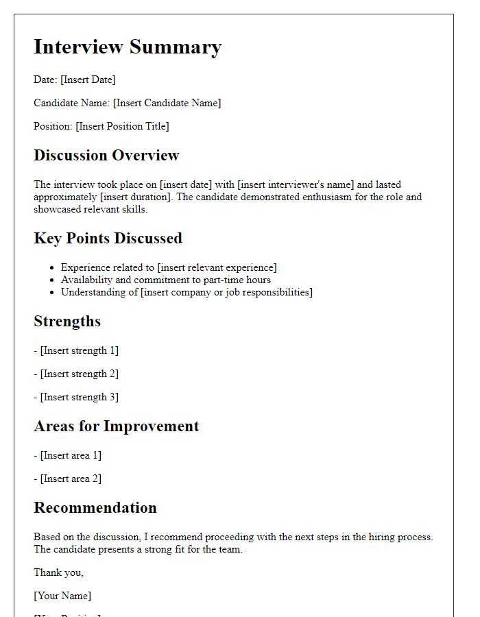 Letter template of summary after part-time interview discussion.