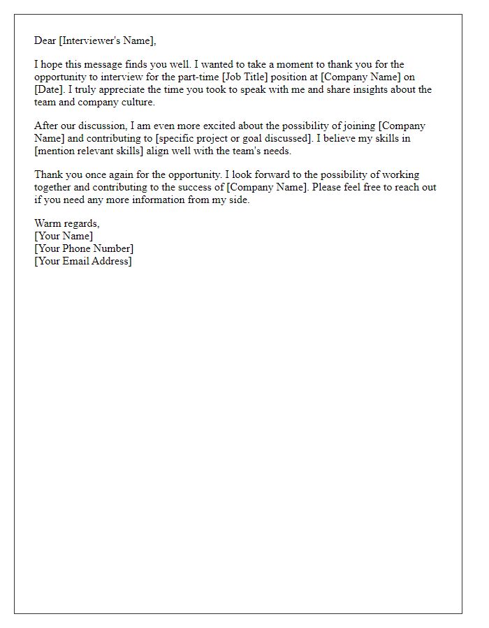 Letter template of thank you for part-time interview opportunity.