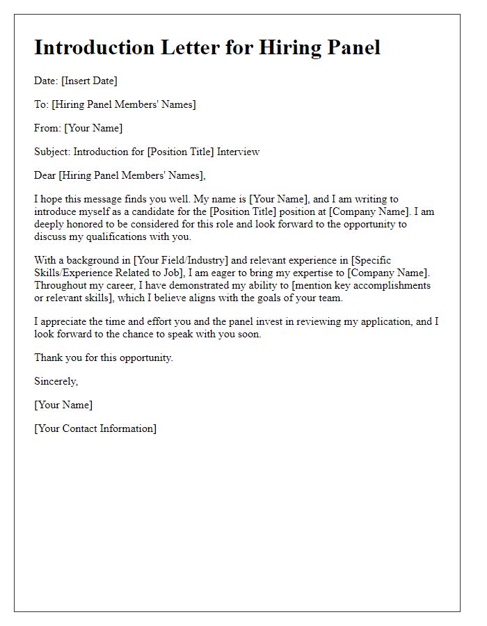 Letter template of formal introduction for hiring panel