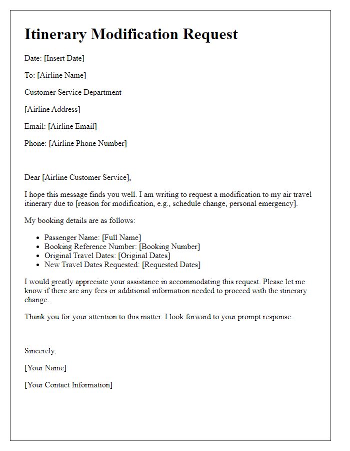 Letter template of air travel itinerary modification request