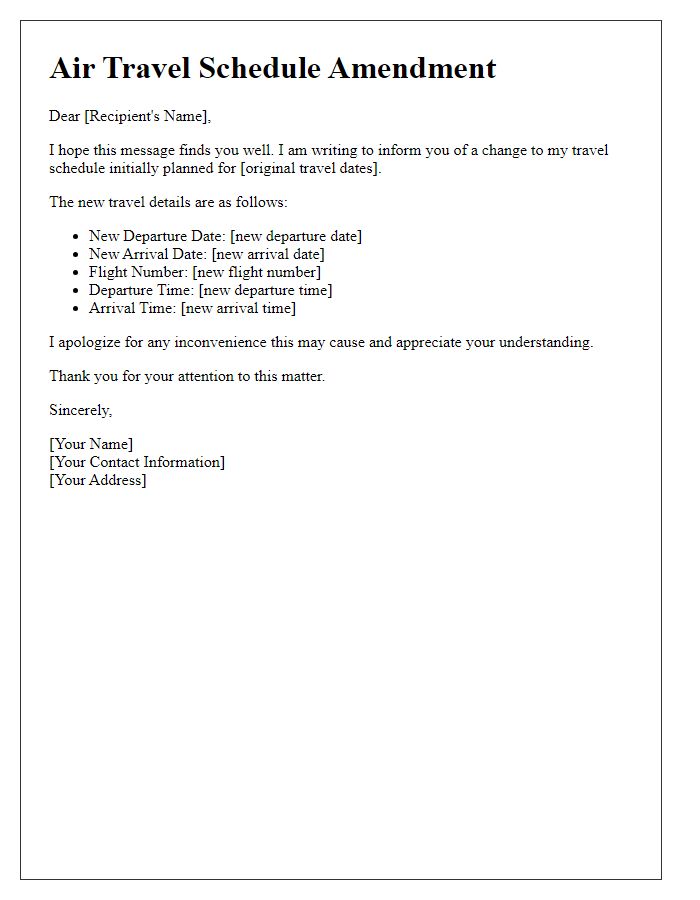 Letter template of air travel schedule amendment