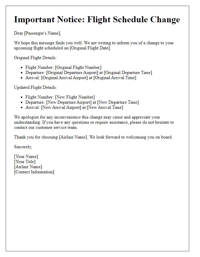 Letter template of airplane schedule change communication