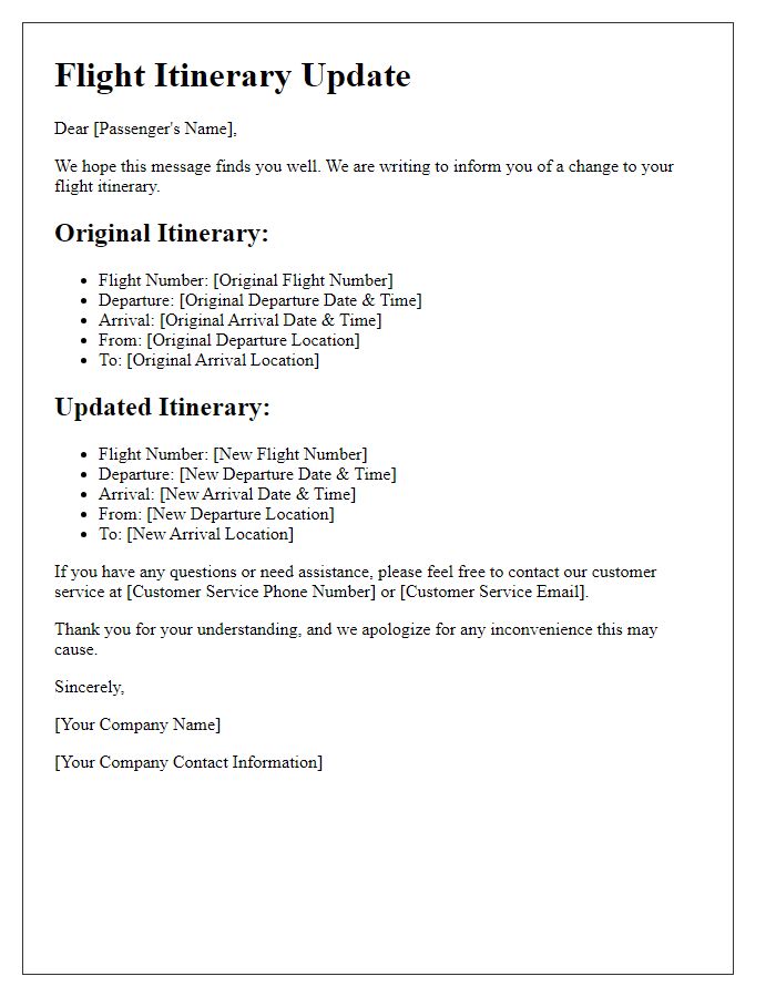 Letter template of changes to flight itinerary