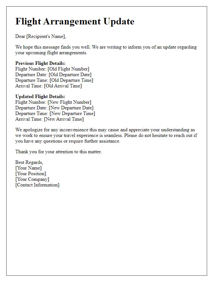 Letter template of flight arrangement update