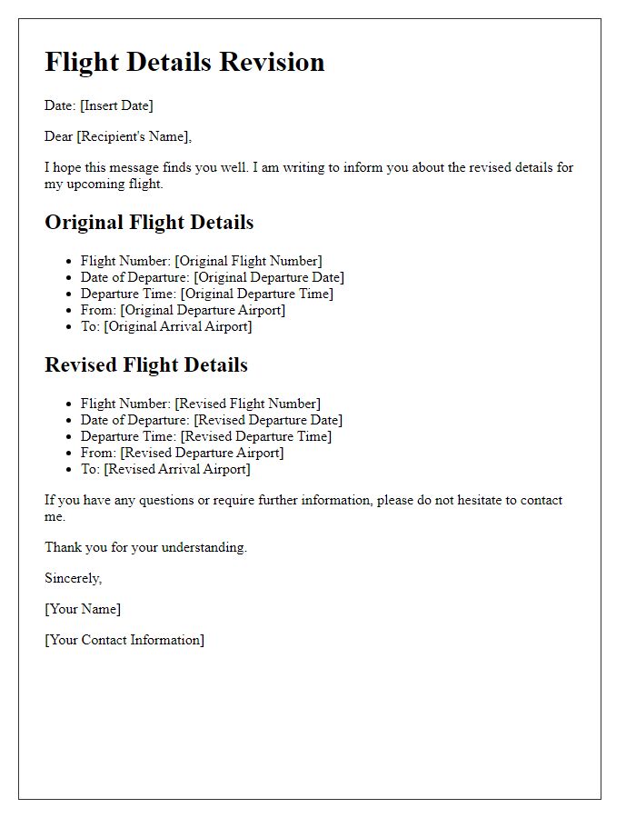 Letter template of flight details revision