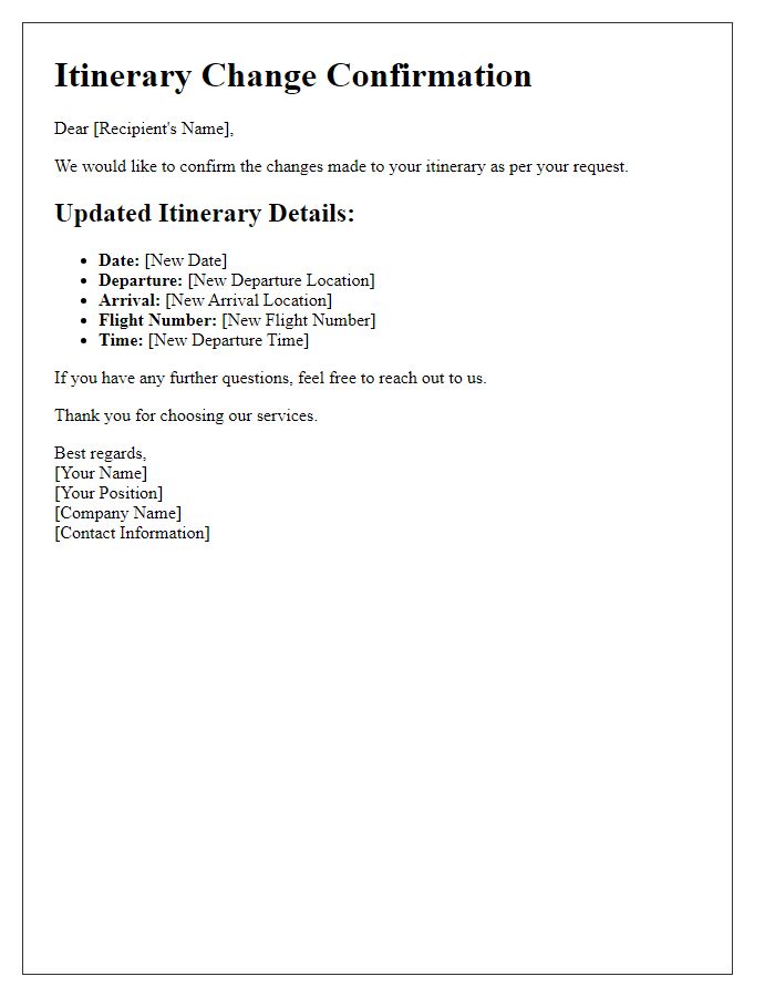 Letter template of itinerary change confirmation