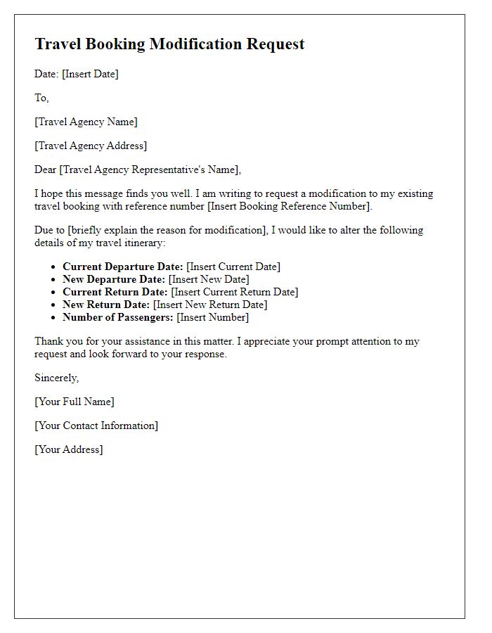 Letter template of travel booking modification request