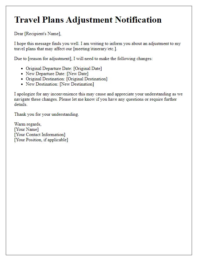 Letter template of travel plans adjustment notification