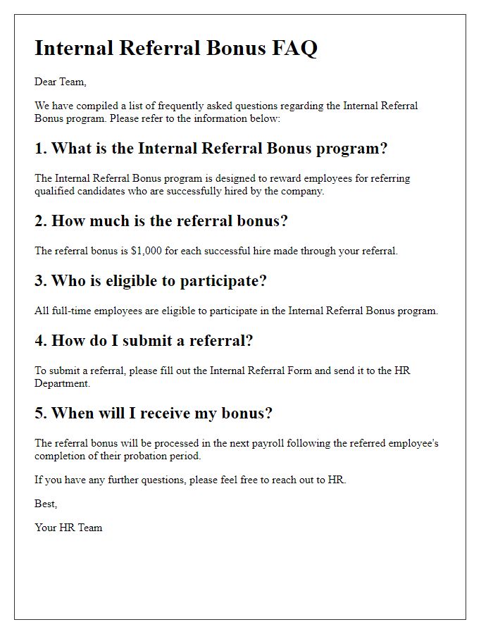 Letter template of Internal Referral Bonus FAQ Document