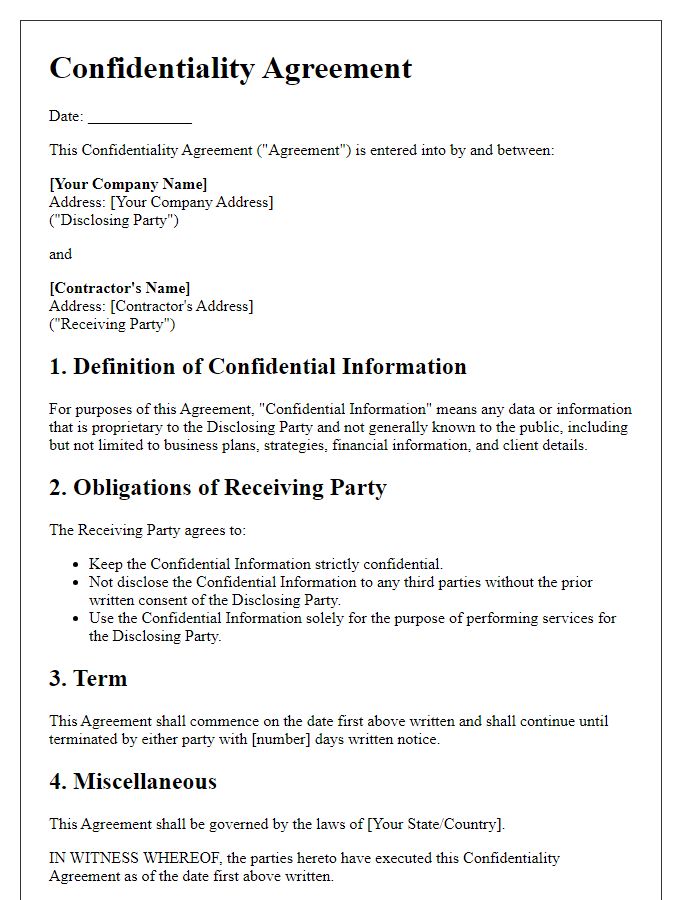 Letter template of confidentiality agreement for freelance contractors