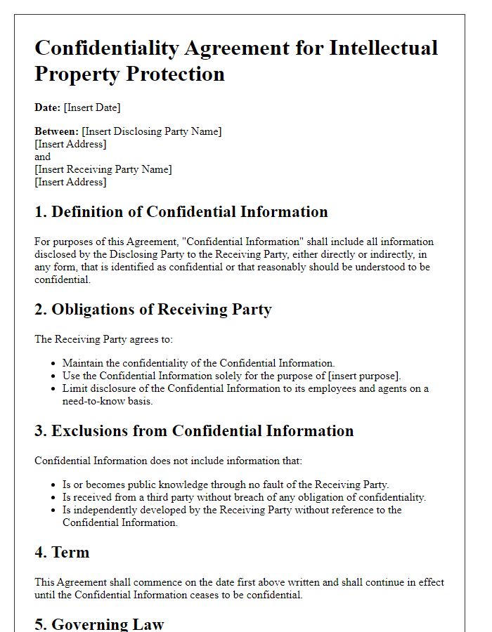 Letter template of confidentiality agreement for intellectual property protection