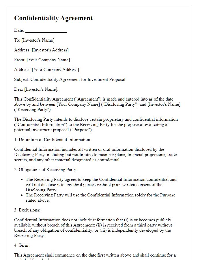 Letter template of confidentiality agreement for investment proposals